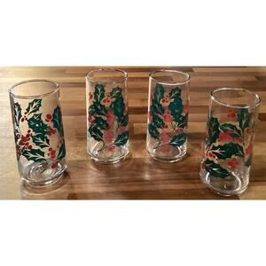 Lot Of 4 Vintage 5.75” Crisa Christmas Drinking Glasses Holly Berry 16 Oz